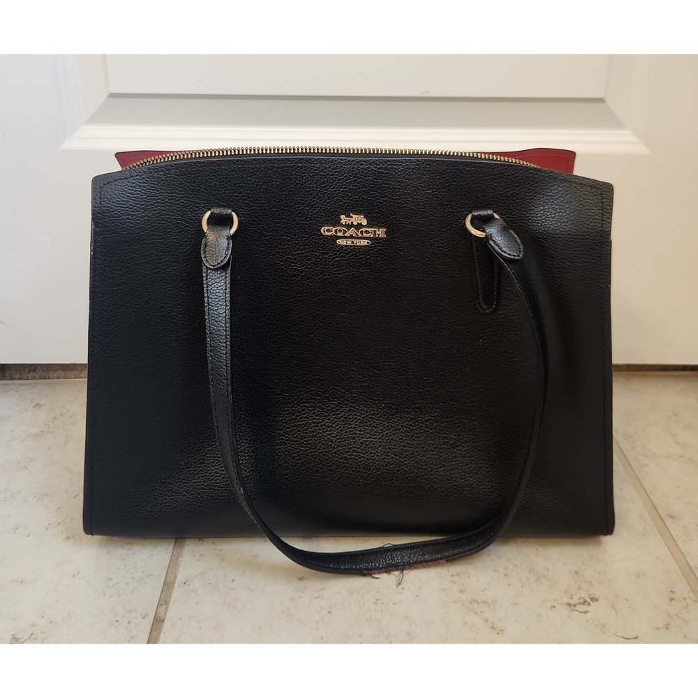 Coach Lillie Carryall Black Pebble Leather Satchel Bag Red Interior